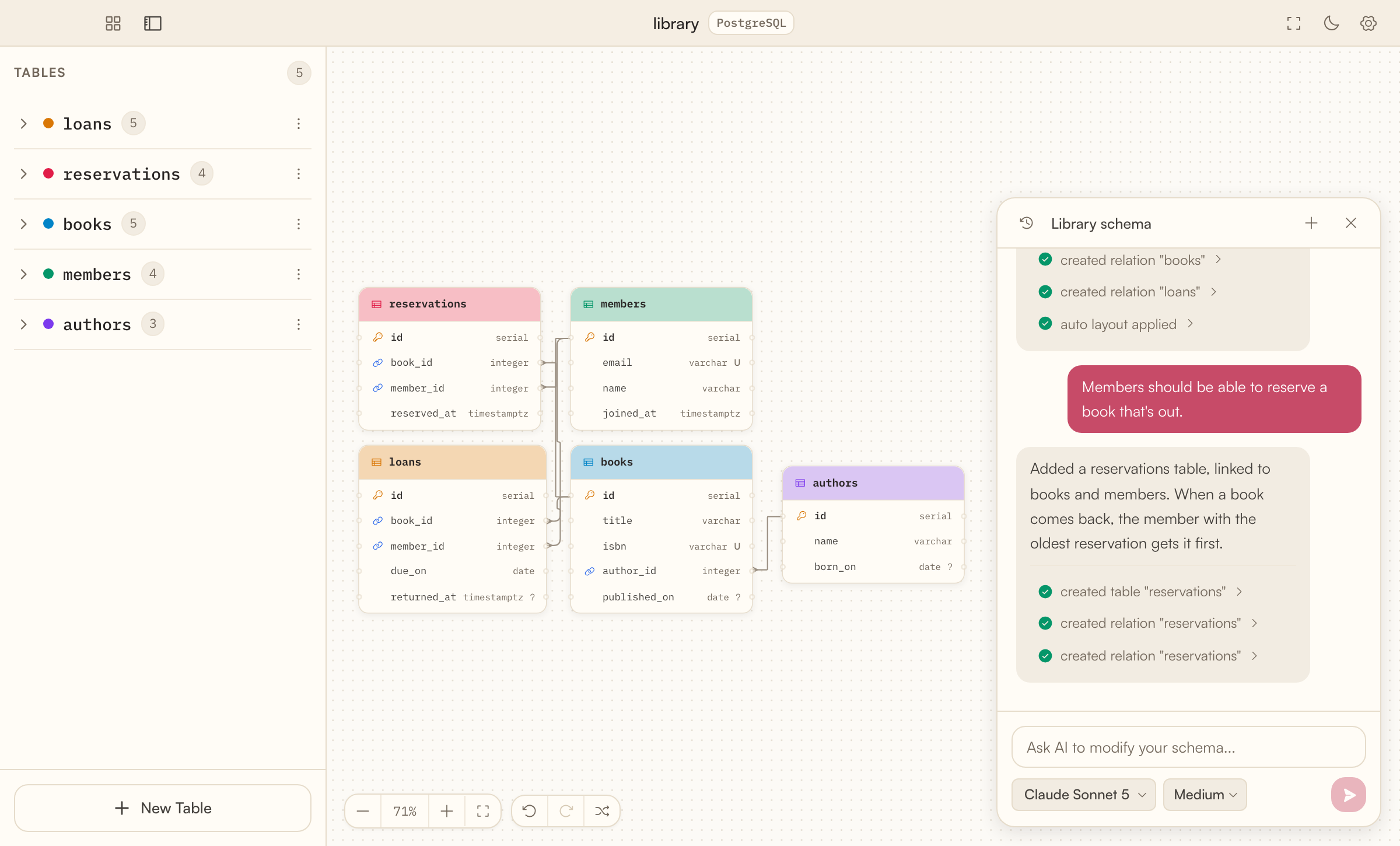 SocaDB with a library schema of five tables on the canvas and a conversation with Claude in the chat panel